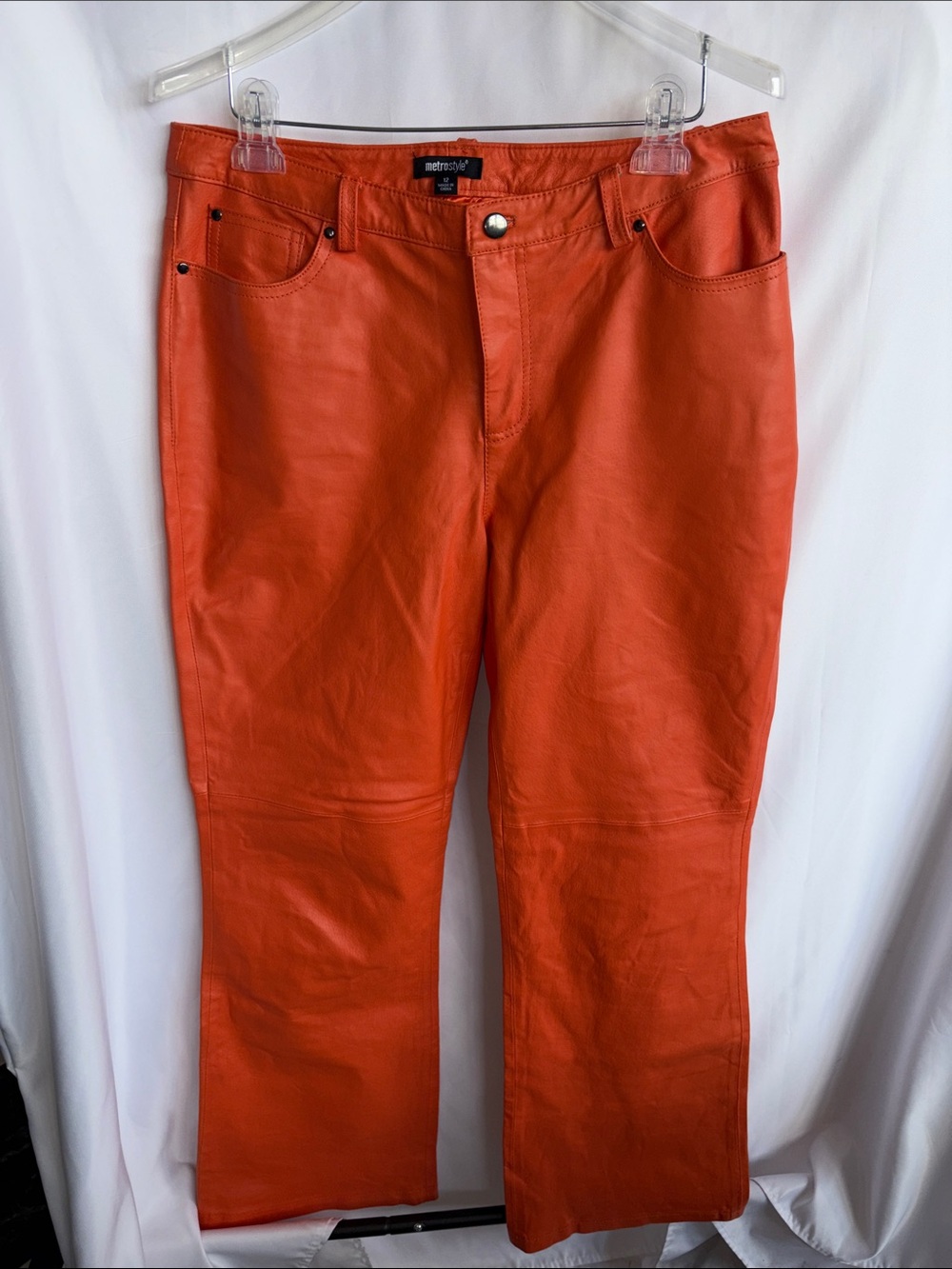 Metrostyle vtg Boot cut Orange Genuine Leather Pants, sz 12 , 32” inseam